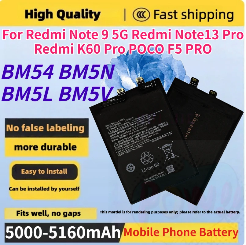 Batteria per Telefono Nuova di Zecca BM54 BM5N BM5L BM5V per Redmi Note 9 5G, Redmi Note13 Pro, Redmi K60 Pro, POCO F5 PRO
