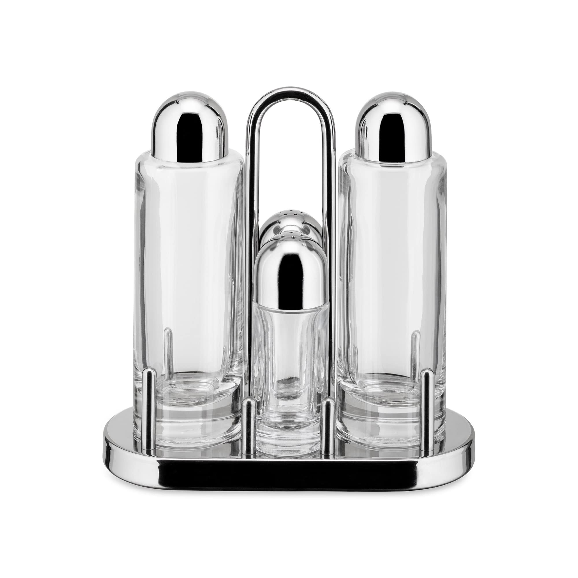 Alessi 5070 - Set Portacondimenti per Olio, Aceto, Sale e Pepe in Acciaio Inox 18/10 e Vetro Cristallino
