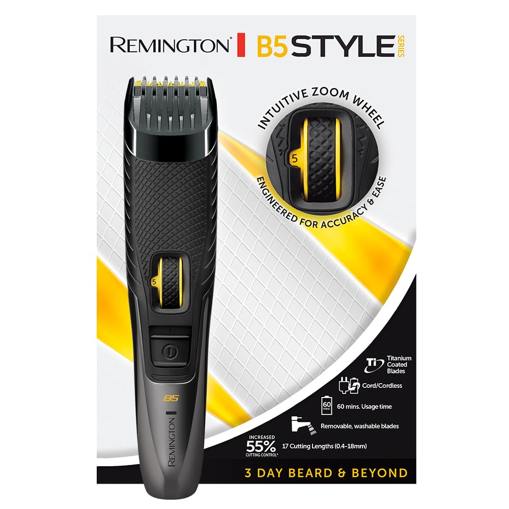 Remington Regolabarba, 17 Lunghezze da 0,4 a 18 mm, Style Series B5 | Lame in Titanio Autoaffilanti, Rotella di Regolazione, Uso Senza Cavo, 60 Min di Autonomia, Custodia da Viagg…