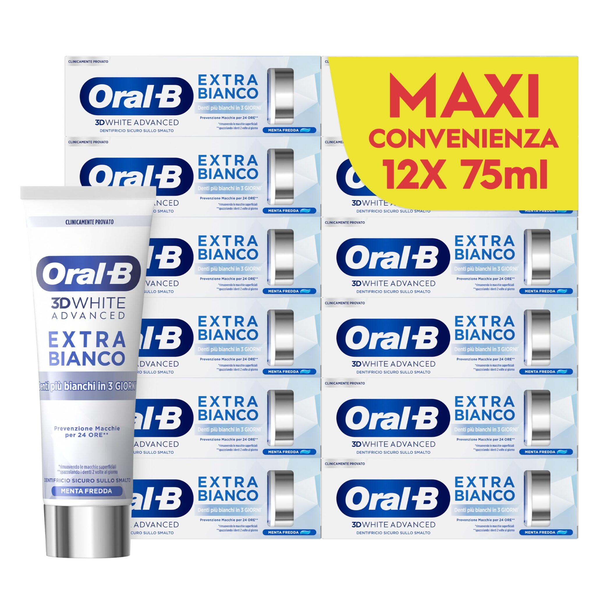Oral-B Dentifricio Sbiancante 3D White Advanced Extra Bianco 12x75ml | Dentifricio 3D White Advanced Extra Bianco, Denti più bianchi in 3 giorni, Sapore Menta Fredda, 12 Dentifric…