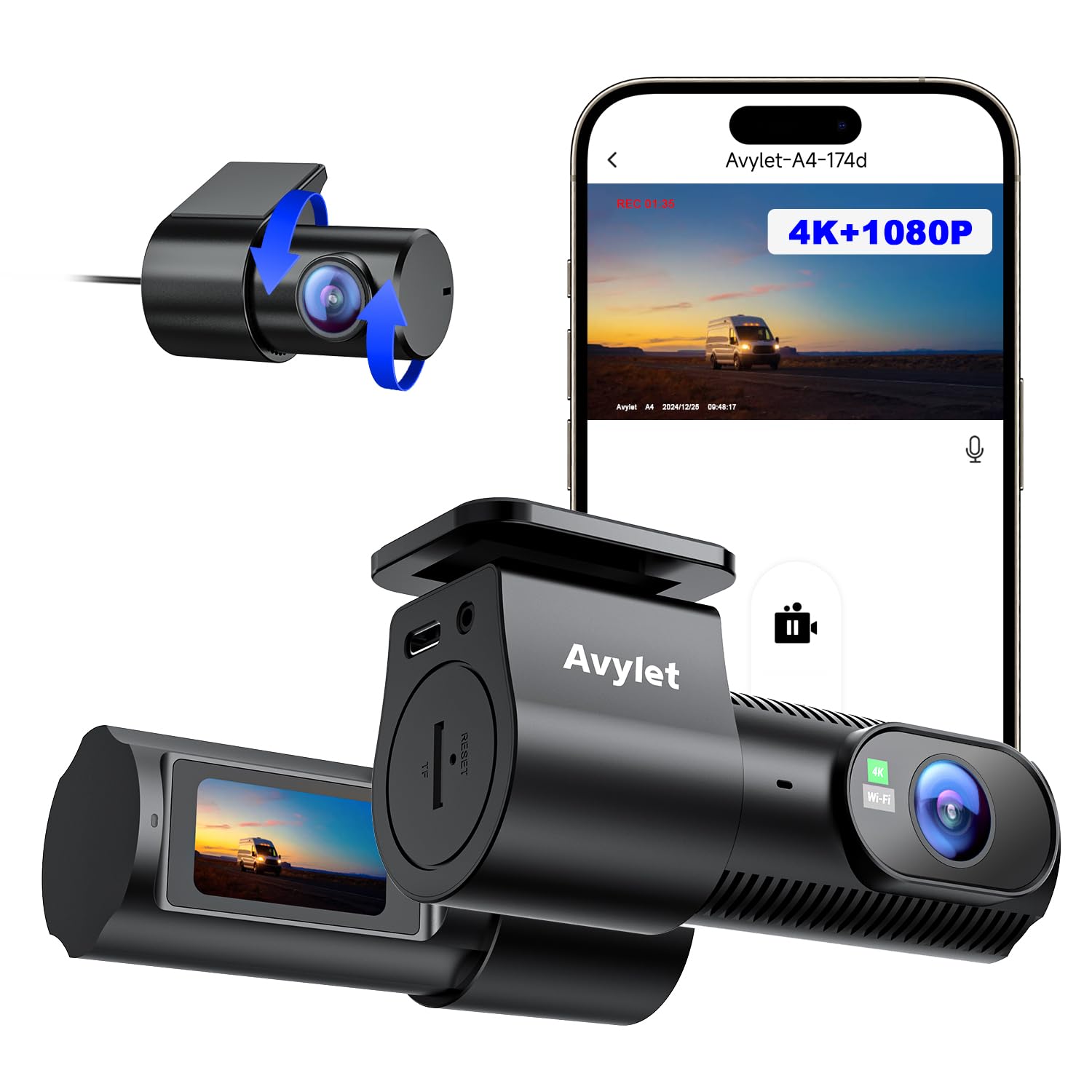 Avylet Dash Cam Auto 4K+1080P Anteriore e Posteriore, Schermo da 1,5", WiFi 5GHz, Grandangolo 170°+150°, Visione Notturna, Modalità Parcheggio 24H, WDR, App, G-Sensor, Loop, Suppo…