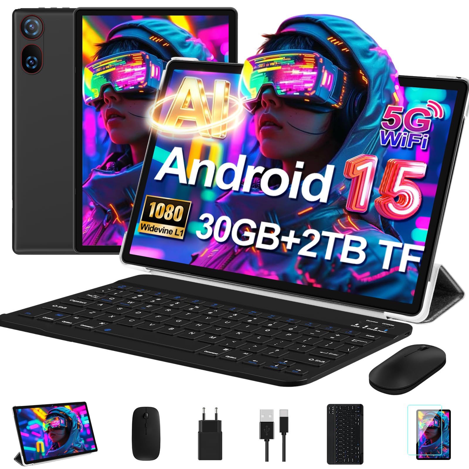 Tablet 10 Pollici Android 15 con 30 GB RAM+2TB ROM Espansione, Widevine L1 | FHD Tablet con Tastiera e Mouse, 6000mAh, Octa-Core, 5G Wi-Fi, GPS, USB-C, BT 5.0, 8MP+5MP, Gemini AI,…