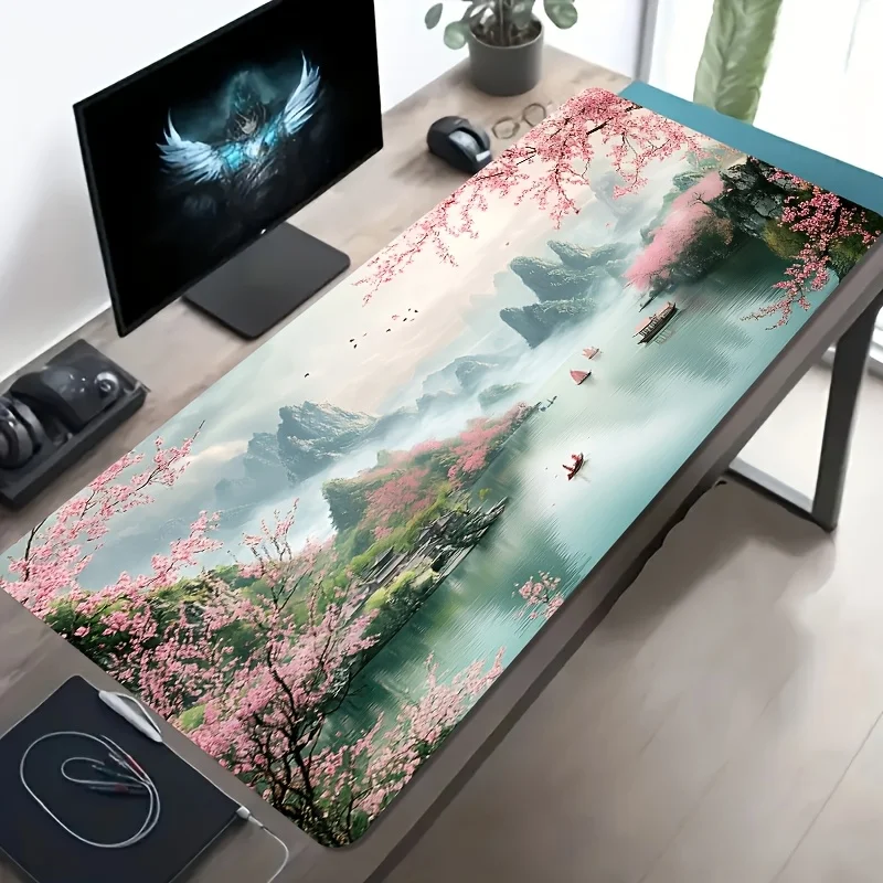 Tappetino per Mouse da Gaming Grande di Marca, Design Artistico con Fiori di Ciliegio e Montagna, Base in Gomma Antiscivolo Lavabile, Accessorio Durevole per Scrivania e Ufficio