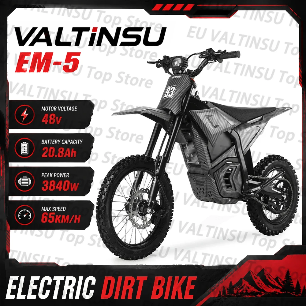 VALTINSU EM5 3840W Moto Elettrica da Fuoristrada 48V 23.4Ah 65km/h 200N·m di Coppia Sospensione Idraulica Pneumatici 14"/12"