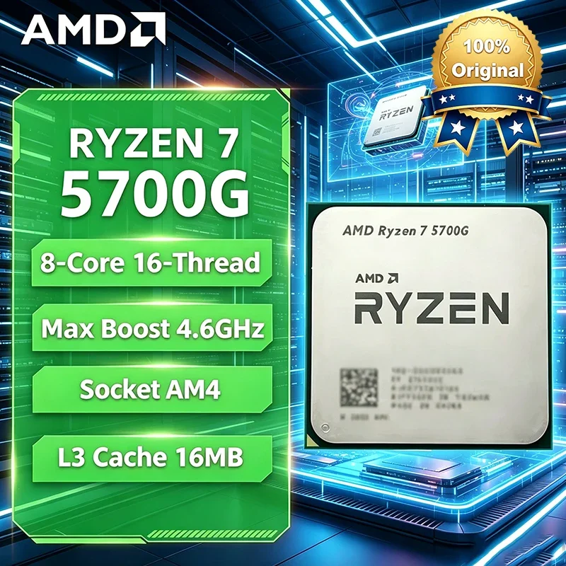 Processore AMD Ryzen 7 5700G, CPU AMD R7 5700G, 4.6GHz, 8-Core, 16-Thread, 16MB Cache, Socket AM4, CPU Desktop per Gaming con Grafica Radeon