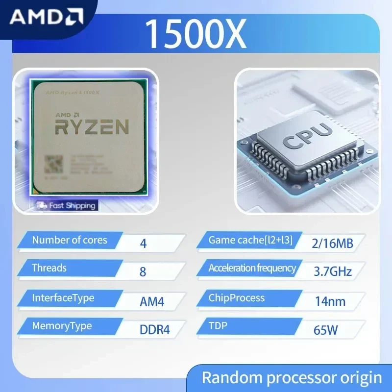 Processore Desktop AMD Ryzen 5 1500X, CPU 4-Core 8-Thread 3.7 GHz Sbloccato, Socket AM4, CPU per Gaming Senza Confezione