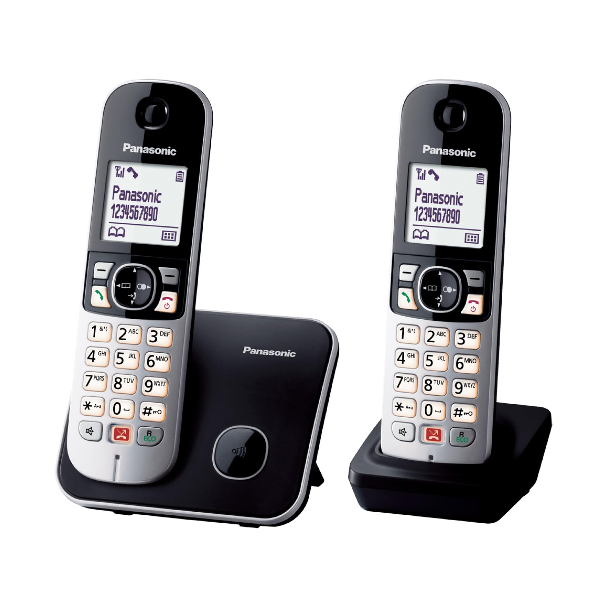 Panasonic KX-TG6852JTB Telefono Cordless Digitale, Unità Base e 2 Ricevitori, ID Chiamante, Blocco Chiamate Indesiderate, Suoneria Categoria, Display LCD, Tastiera Illuminata, Nero