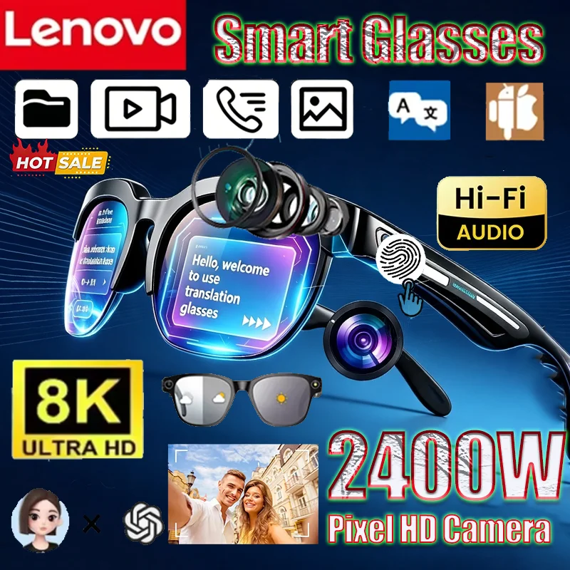 Occhiali Intelligenti AI 8K Lenovo per Uomini e Donne, 2400MP, Chiamate a Mani Libere, Traduzione, Chat AI, Registrazione, Riproduzione Musicale, Occhiali da Sole Smart