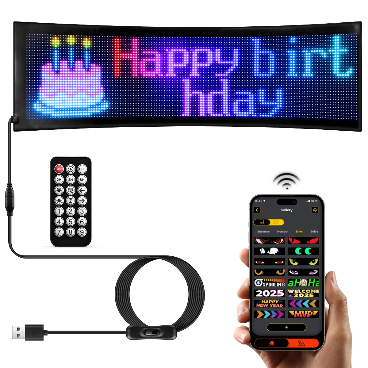 Cartello per auto a LED Pannello flessibile a matrice LED 5V USB Segni luminosi a LED per auto Bluetooth Smart APP Bacheca con display a scorrimento RGB