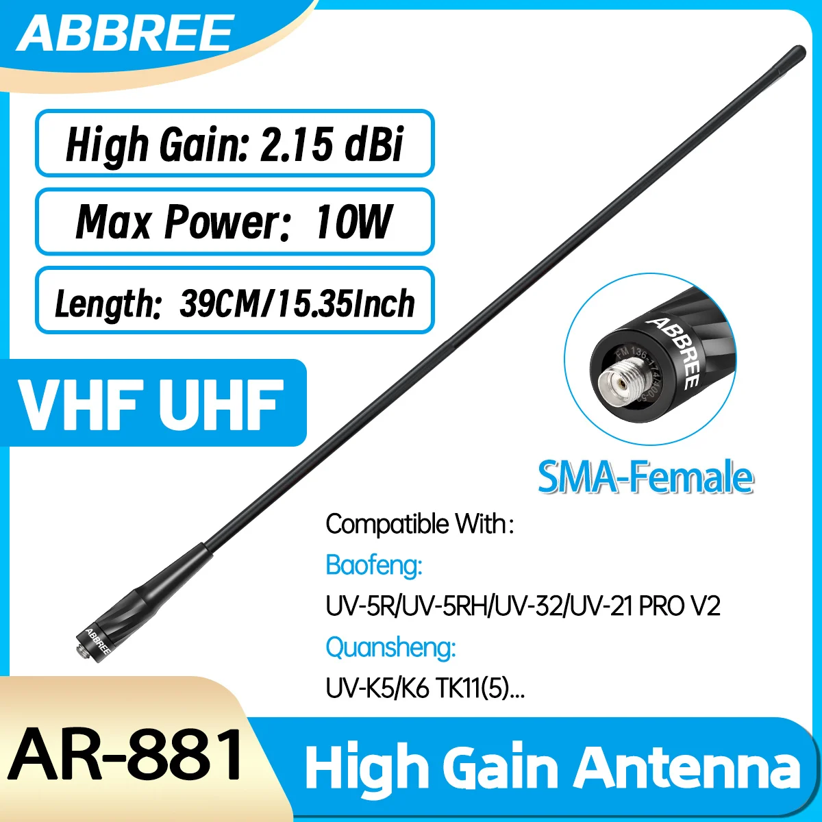 ABBREE AR-881 Antenna SMA-Femmina VHF/UHF Dual Band Per Baofeng UV-21 UV-5RH UV-28 UV-32 DM-32 Quansheng TK11 UV-K5 Walkie Talkie