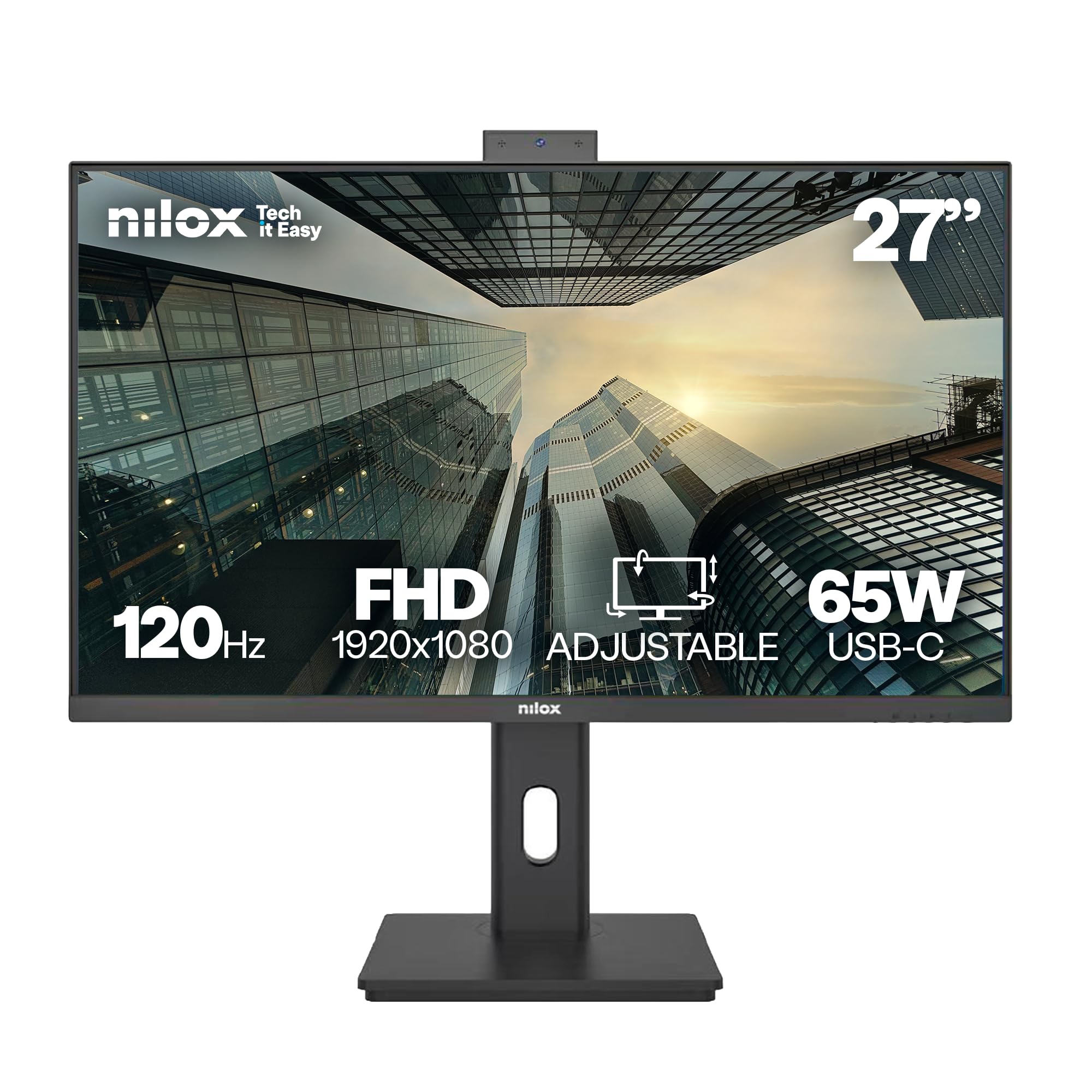 Nilox NXM27RWEB0265 Monitor Business 27'' IPS Full HD, Frequenza 120 Hz, Webcam integrata e USB‑C 65 W, Regolabile ed Ergonomico