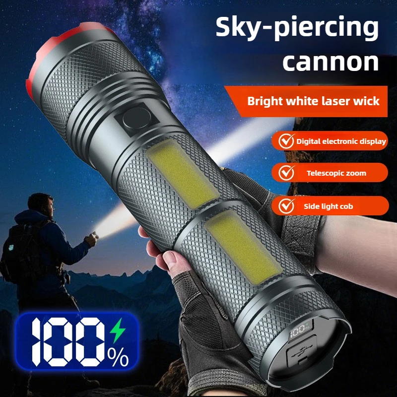 Torcia da lavoro da campeggio esterna con luce laterale COB da 7200 mAh Zoom in lega di alluminio Torcia con display digitale colorato