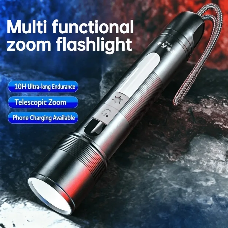 Torcia LED Multifunzione Zoomabile con Luce Laterale COB, Power Bank Ricaricabile, Impermeabile, Portatile per Campeggio ed Escursionismo