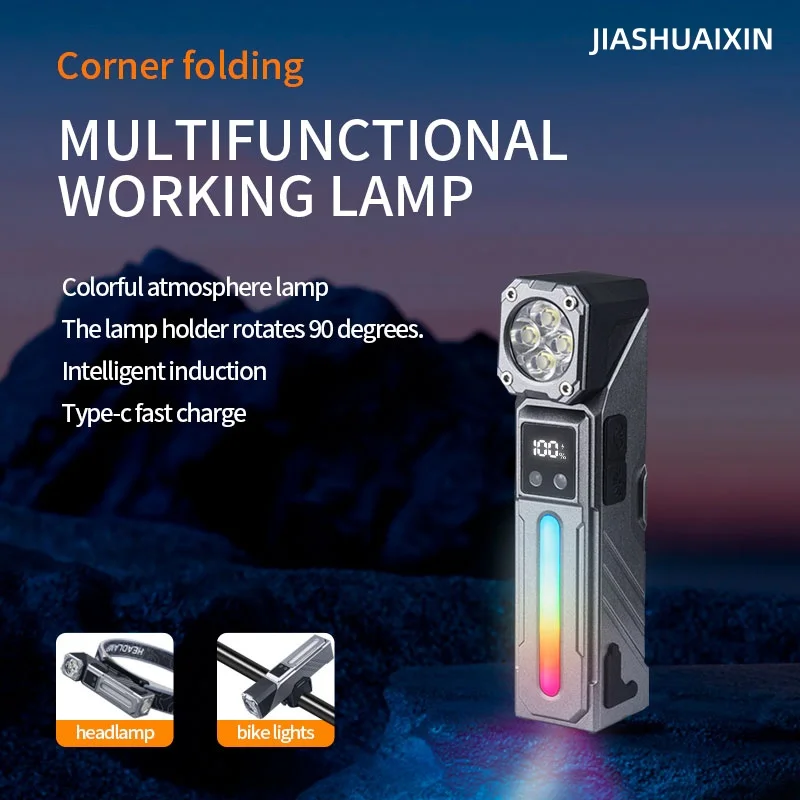 JIASHUAIXIN torcia multifunzione ad angolo luce colorata atmosfera torcia magnetica luce da lavoro faro luce per bicicletta