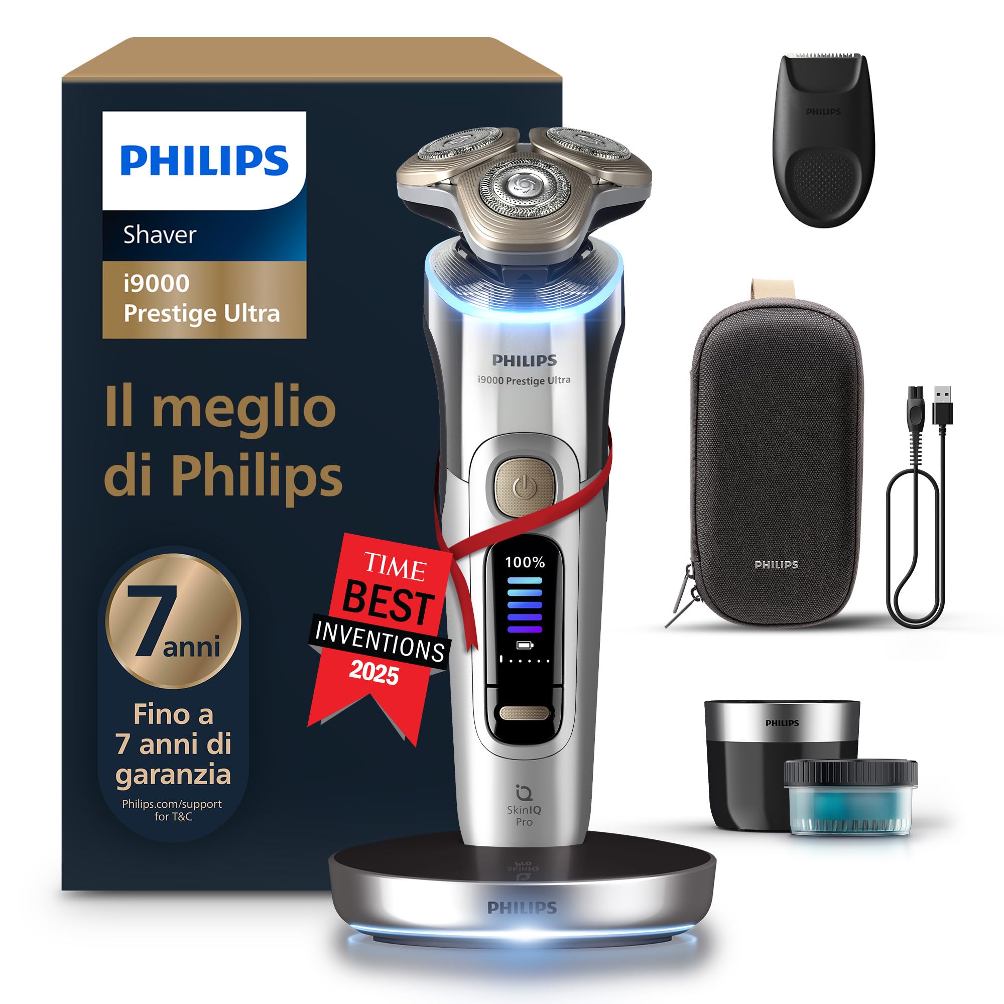 Philips Shaver i9000 Prestige Ultra, rasoio elettrico Wet & Dry, tecnologia Skin IQ Pro, triplo sistema di sollevamento e taglio, lame di precisione NanoTech 360º, 5 modalità di r…