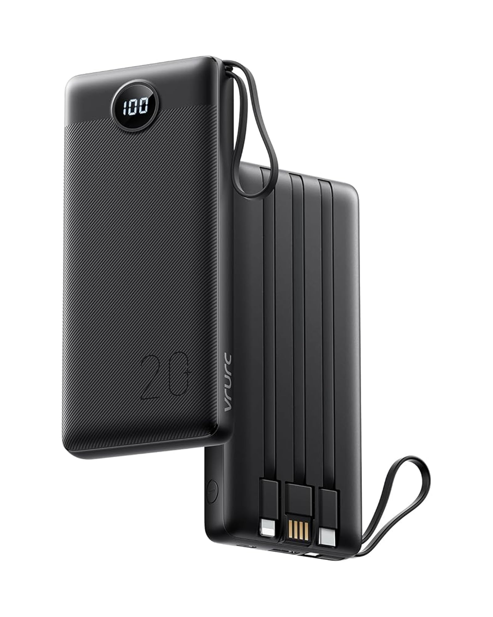 VRURC Power Bank 20000mAh USB C con cavi integrati，22.5W LED display | Carica Rapida, LED display powerbank con 4 cavi integrati, Compatibile con iPhone/Xiaomi/Huawei ecc, Nero