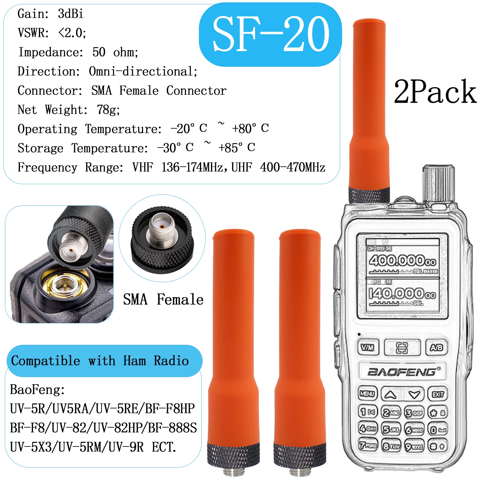 Confezione da 2 - Antenna radioamatori VHF UHF 136-174 MHz 400-470 MHz a doppia frequenza Walkie Talkie radio bidirezionale per Wouxun Baofeng BF-F8HP