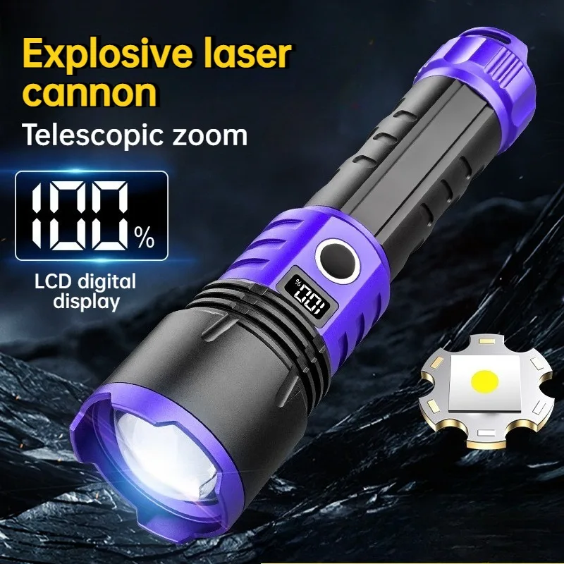 Torcia LED Multifunzionale ad Alta Luminosità, Ricaricabile USB, Zoom Regolabile, Display Digitale, in Lega di Alluminio, per Campeggio e Attività all'Aperto