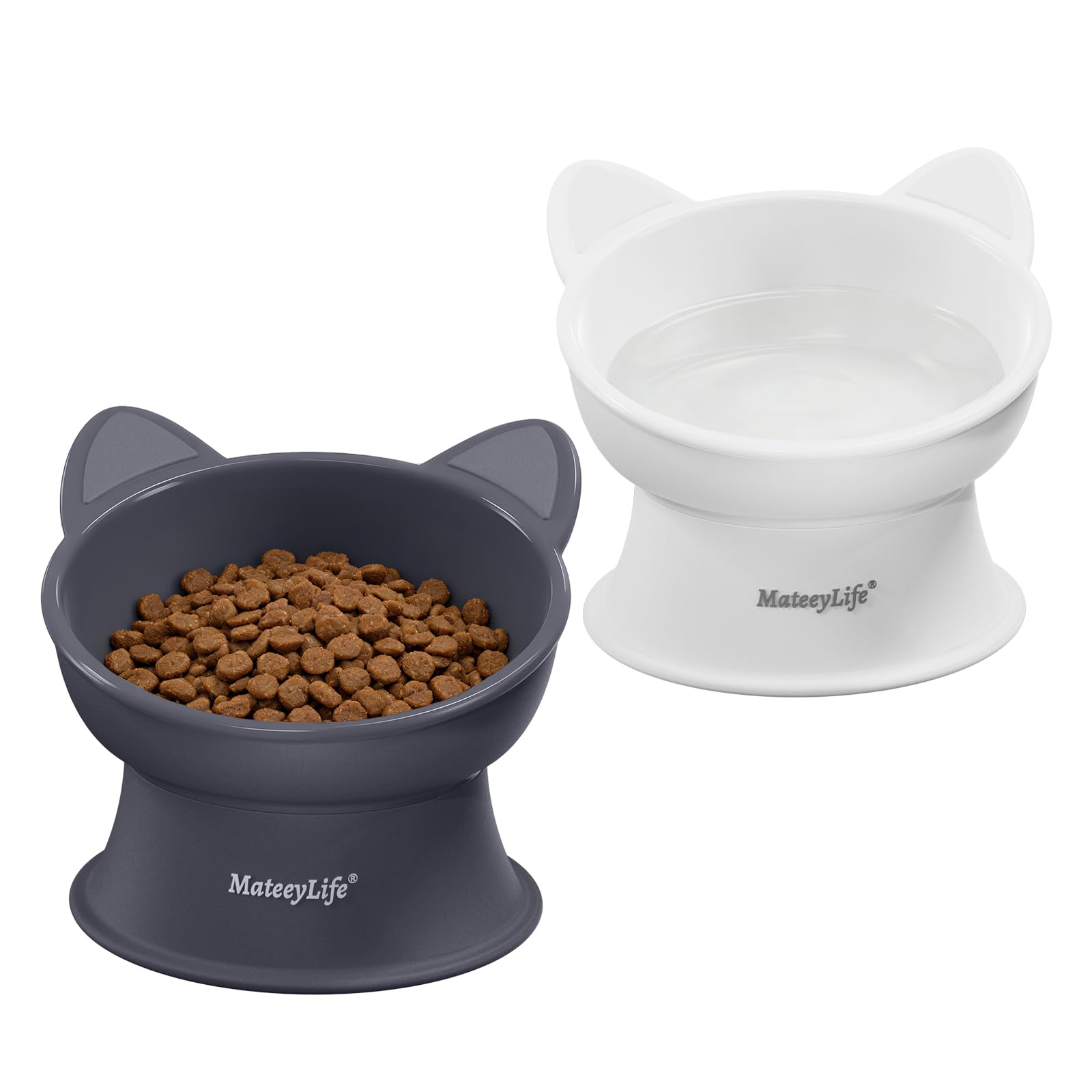 MateeyLife Ciotole per Gatti Rialzate, Set da 2, Bianco & Grigio | 15 Gradi, Ciotola Rialzata per Gatti da Interno e Cani di Piccola Taglia, Anti-affaticamento dei Baffi