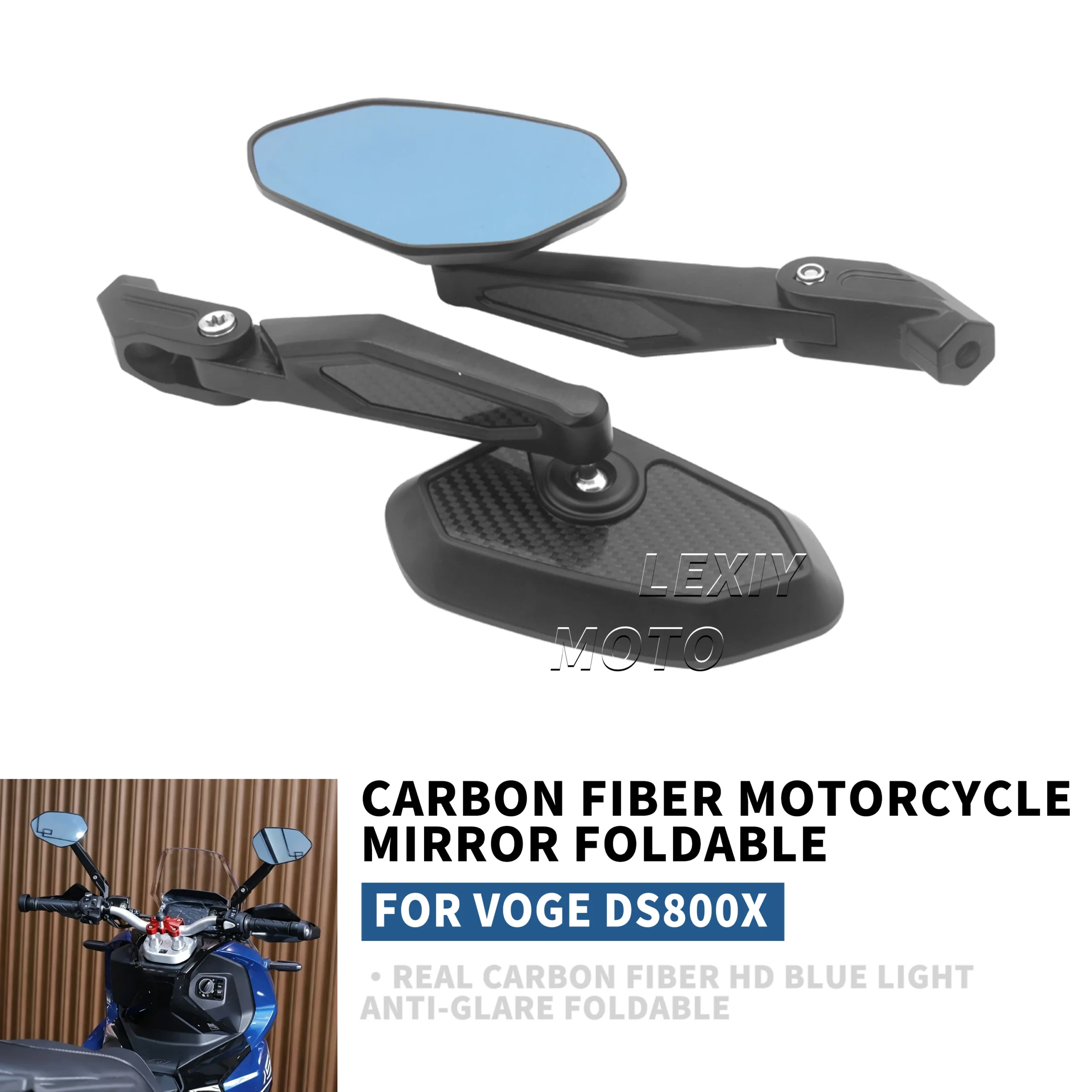 Specchietto Retrovisore Pieghevole in Fibra di Carbonio per Moto VOGE DS800X, Antiappannamento, Luce Blu ad Alta Definizione