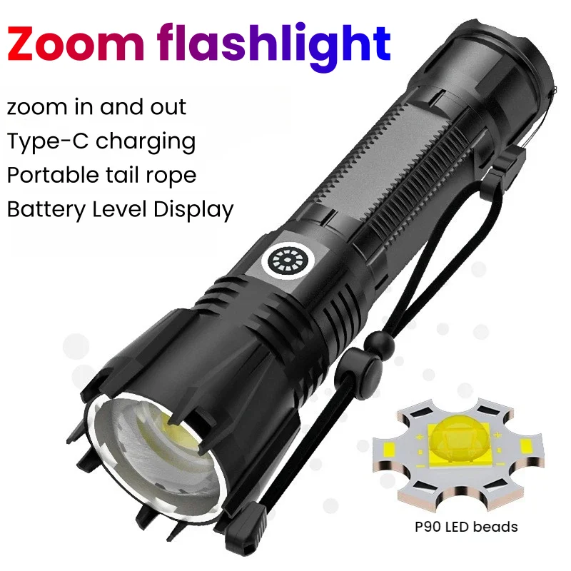 Torcia LED P90 ad Alta Potenza Ricaricabile USB-C con Zoom, Impermeabile, per Campeggio e Caccia