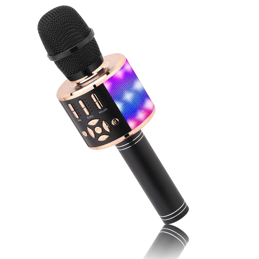 BONAOK Microfono Senza Fili Per Bambini, Suono Magico, Karaoke Senza Fili, Macchina Karaoke Bluetooth 4 In 1, Macchina Karaoke Per Auto Adulto, Per Festa/Esterno/Viaggio (Nero Oro)
