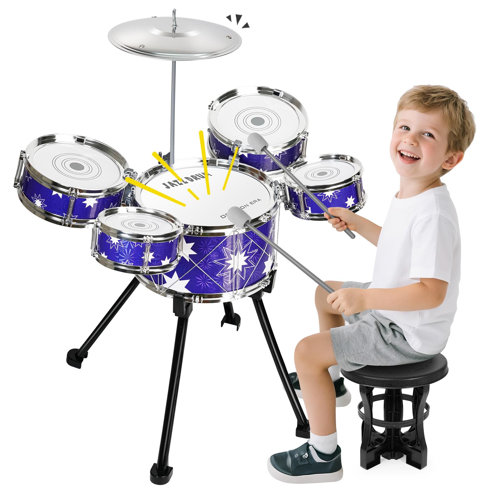 QiquBox Giocattolo Batteria per Bambini Strumenti Musicali 3+ Anni | Kit Batteria Jazz per Bambini con Sgabello, Giocattolo Musicale per Ragazze Ragazzi di 3 4 5 Anni Regalo