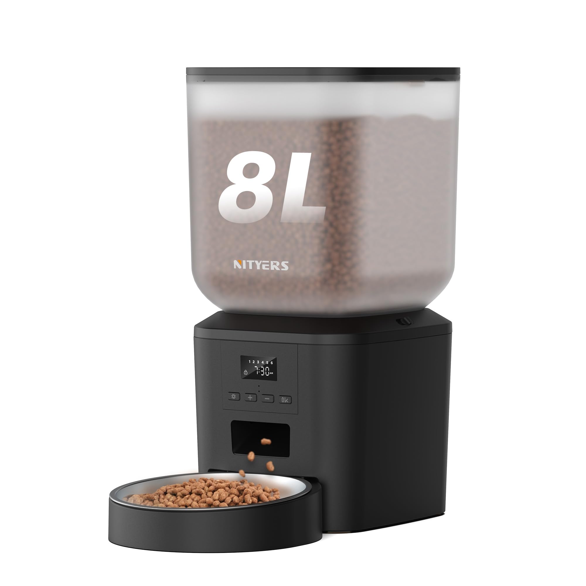 Distributore Automatico Cibo Gatti e Cani, Capacità 8L, Fino a 18 mm per Crocchette, Ciotola Grande in Acciaio Inox, Designo Anti-Ostruzione per Cibo, Alimentazione Duale, Registr…