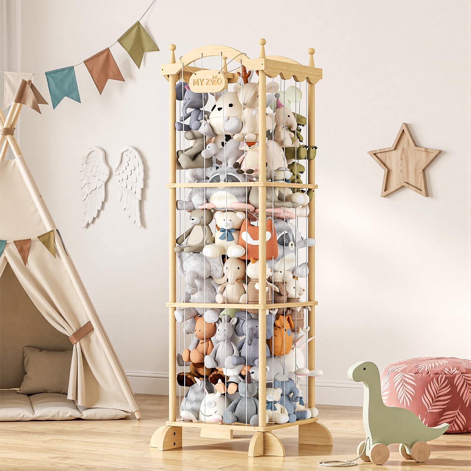 COSYLAND Organizer Peluche per Bambini, Salvaspazio, 141 x 55 x 49 cm | Corde elastiche per prendere e riporre i peluche, struttura verticale salvaspazio