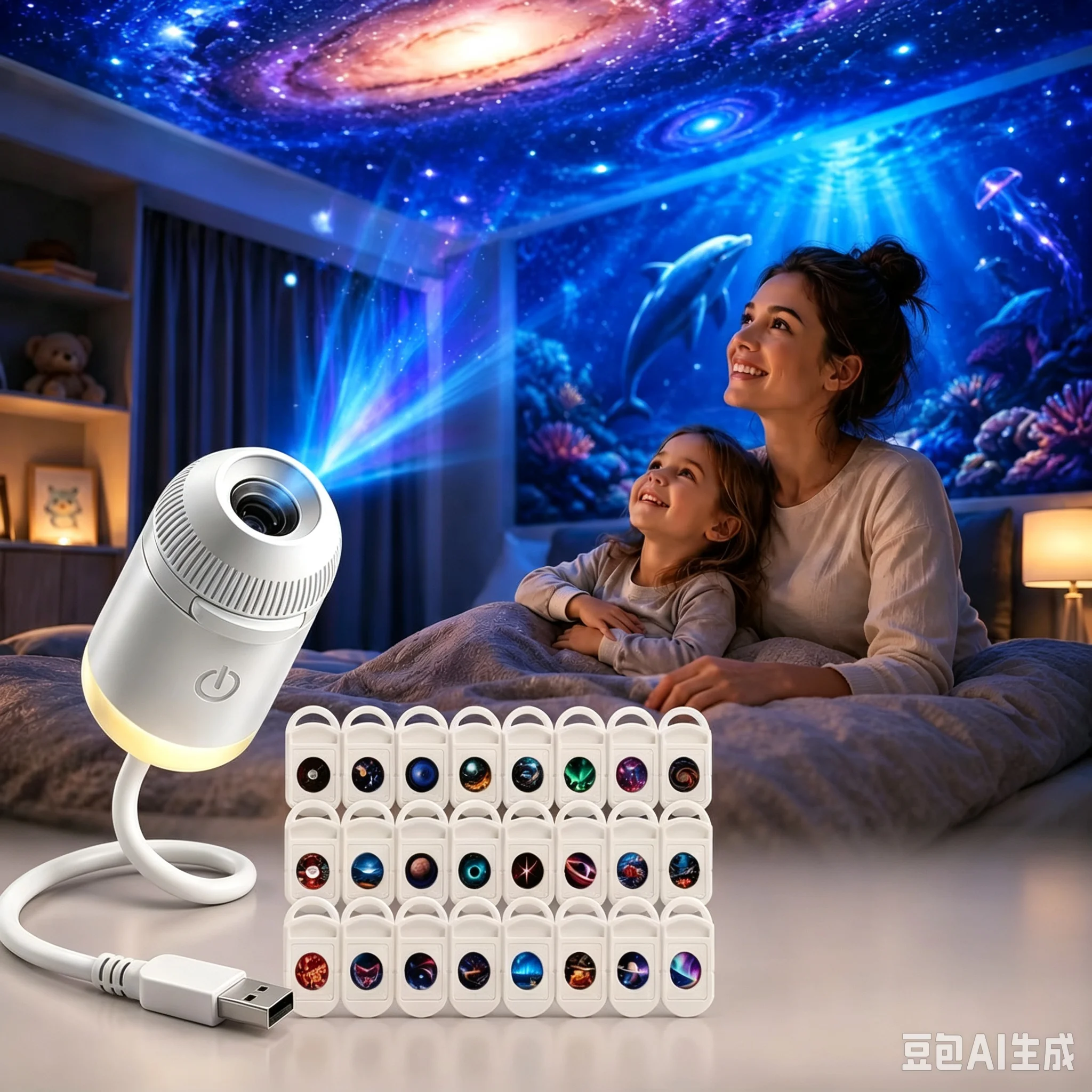 Proiettore Olografico 5D Dinamico HD Smart, Proiettore 2-in-1 Galassia e Oceano con 3/6/12/24 Pellicole per Decorazione Casa