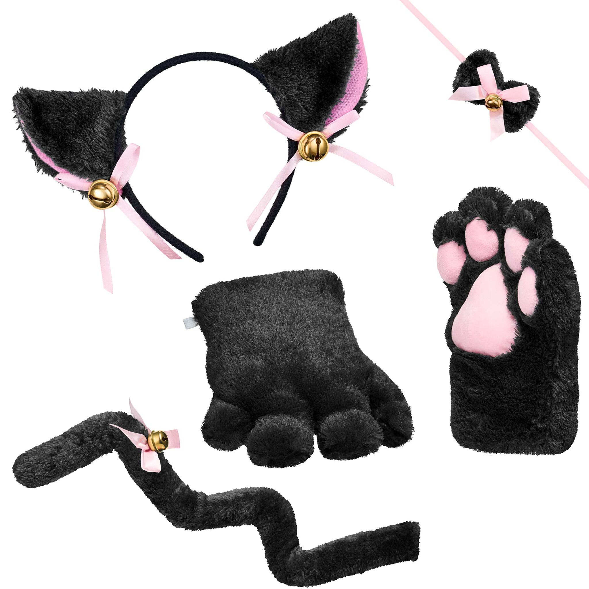 Balinco Set di costumi da gatto, cerchietto per orecchie di gatto + zampe di peluche + papillon + coda di gatto, vestito da animale, Anime, Cosplay Party, Halloween, Carnevale