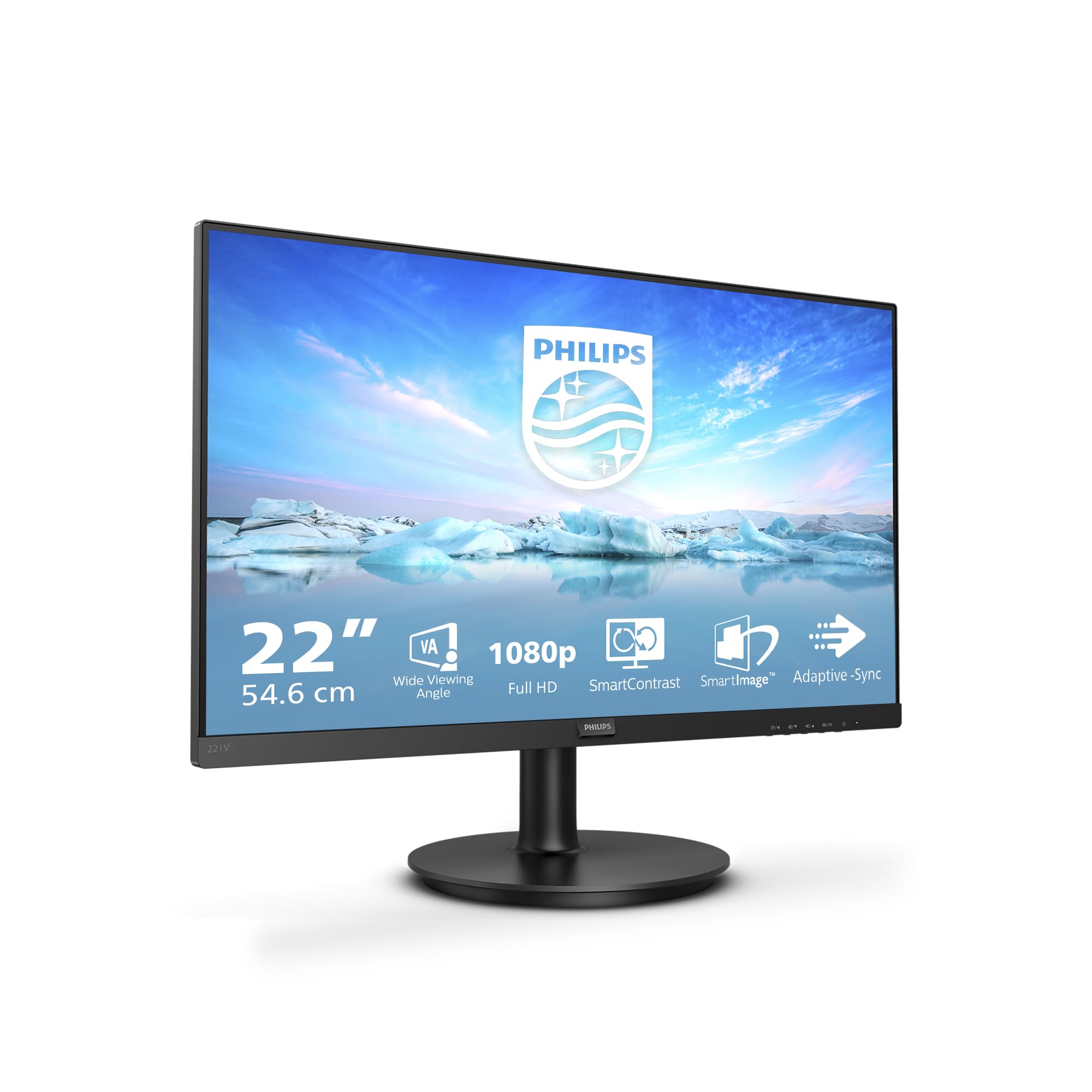 Philips Monitor 221v8A 22 pollici 1920x1080, FHD, 75Hz, VA Panel, 4ms GtG, Speakers, (HDMI1) Adaptive Sync, Nero