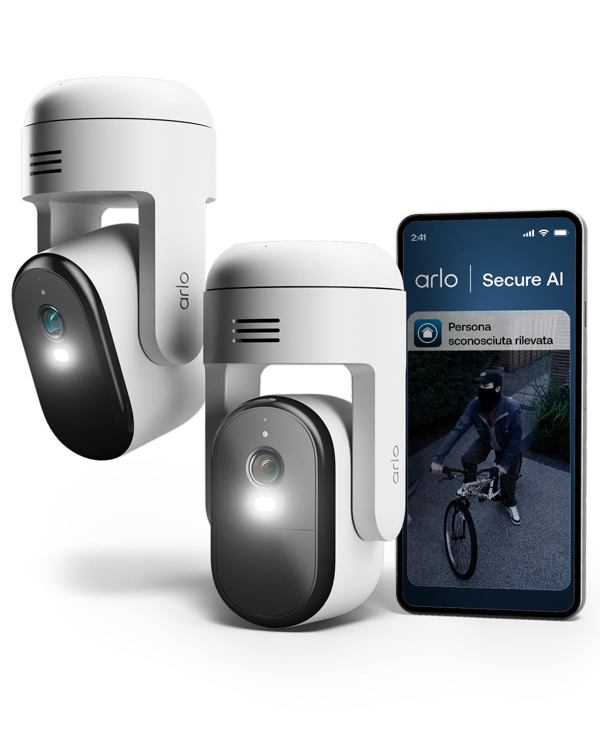 Arlo Essential 3 Telecamera HD 360º Pan-Tilt-Zoom WiFi Esterno Senza Fili, Sirena Allarme Casa, Sensore Di Movimento, Visione Notturna A Colori, Prova Inclusa Secure, 2 Telecamere…