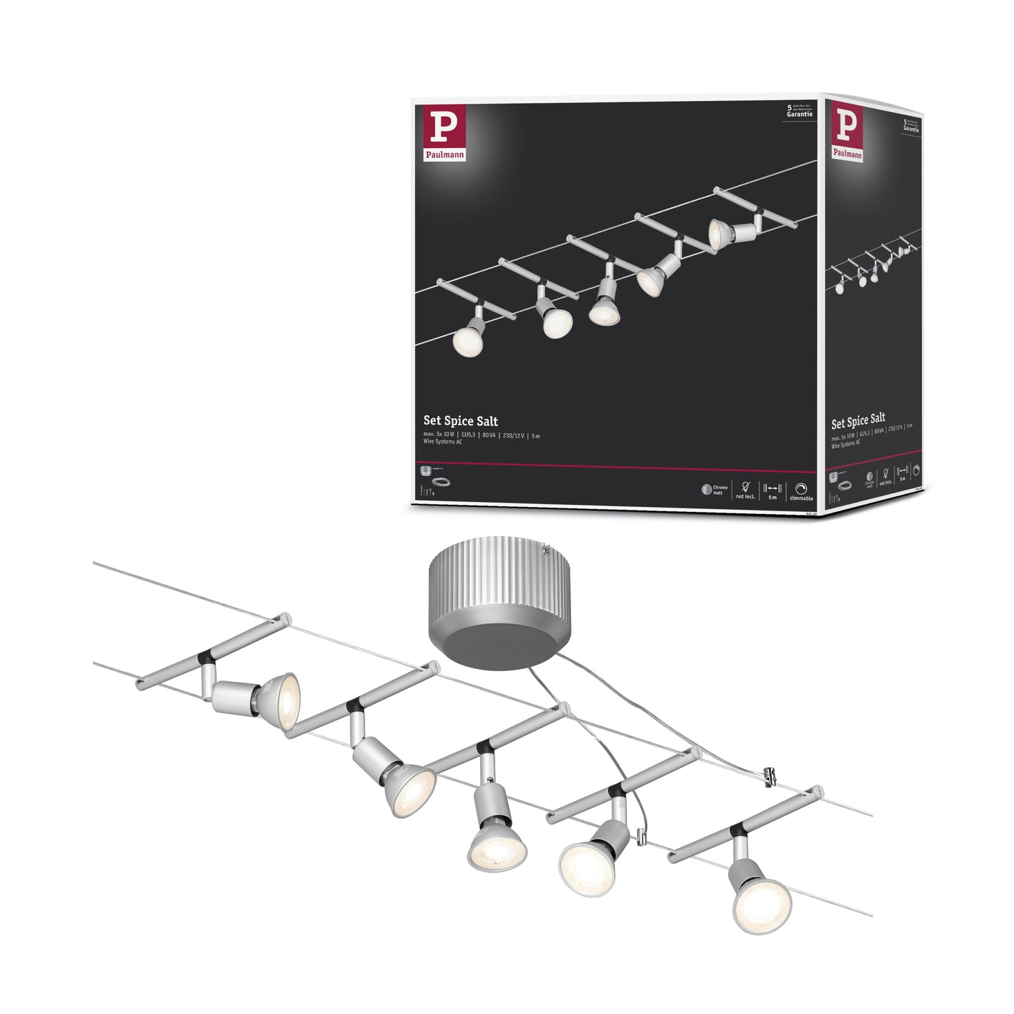 Paulmann sistema di cavi per faretti, set estensibile, 94145, Sice Salt, massimo 5 pezzi da 10 W l’uno, cromato, opaco, lampada da soffitto, senza lampadina