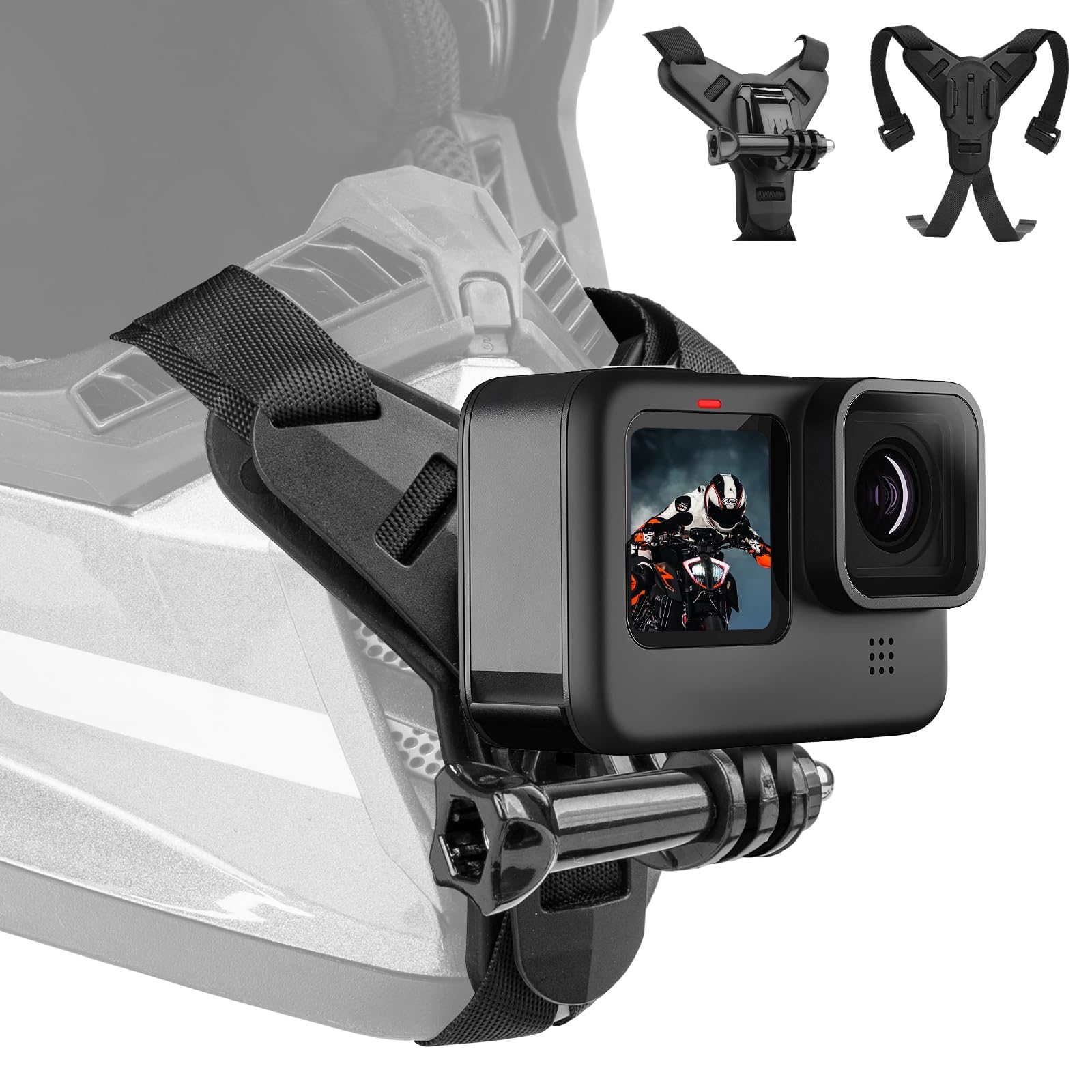 Adaptom Supporto casco moto mentoniera per GoPro Insta360 DJI | Compatibile con GoPro Hero 13-7 Max, Insta360 Ace Pro 2/X5/X4/X3, DJI Osmo Action 6/5 Pro/4/3 e AKASO – gancio J an…