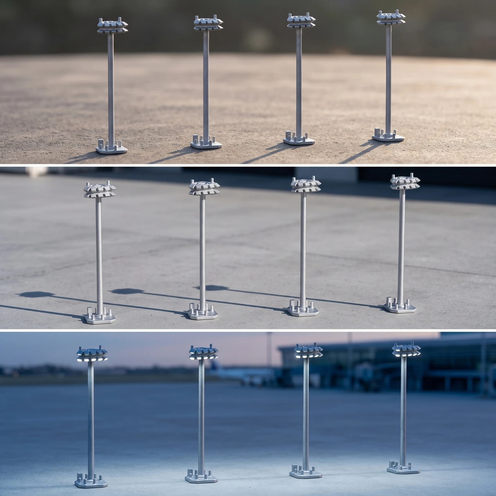 Set di 4 Accessori per Modellismo: Lampioni Aeroportuali a Palo Alto, Modello Grigio-Argento
