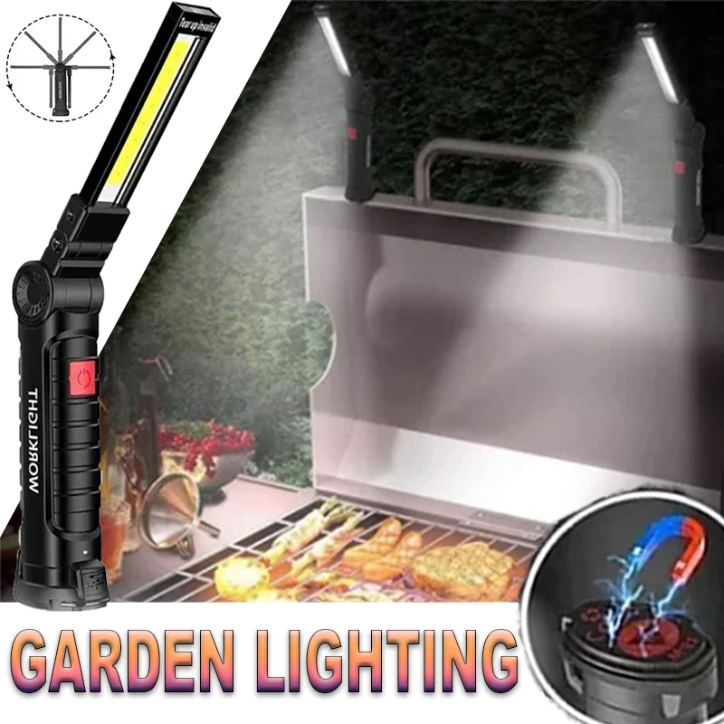Torcia LED portatile con gancio magnetico Lampada da lavoro per riparazioni all'aperto Lampada ricaricabile di tipo C Lanterna per campeggio Lettura BBQ