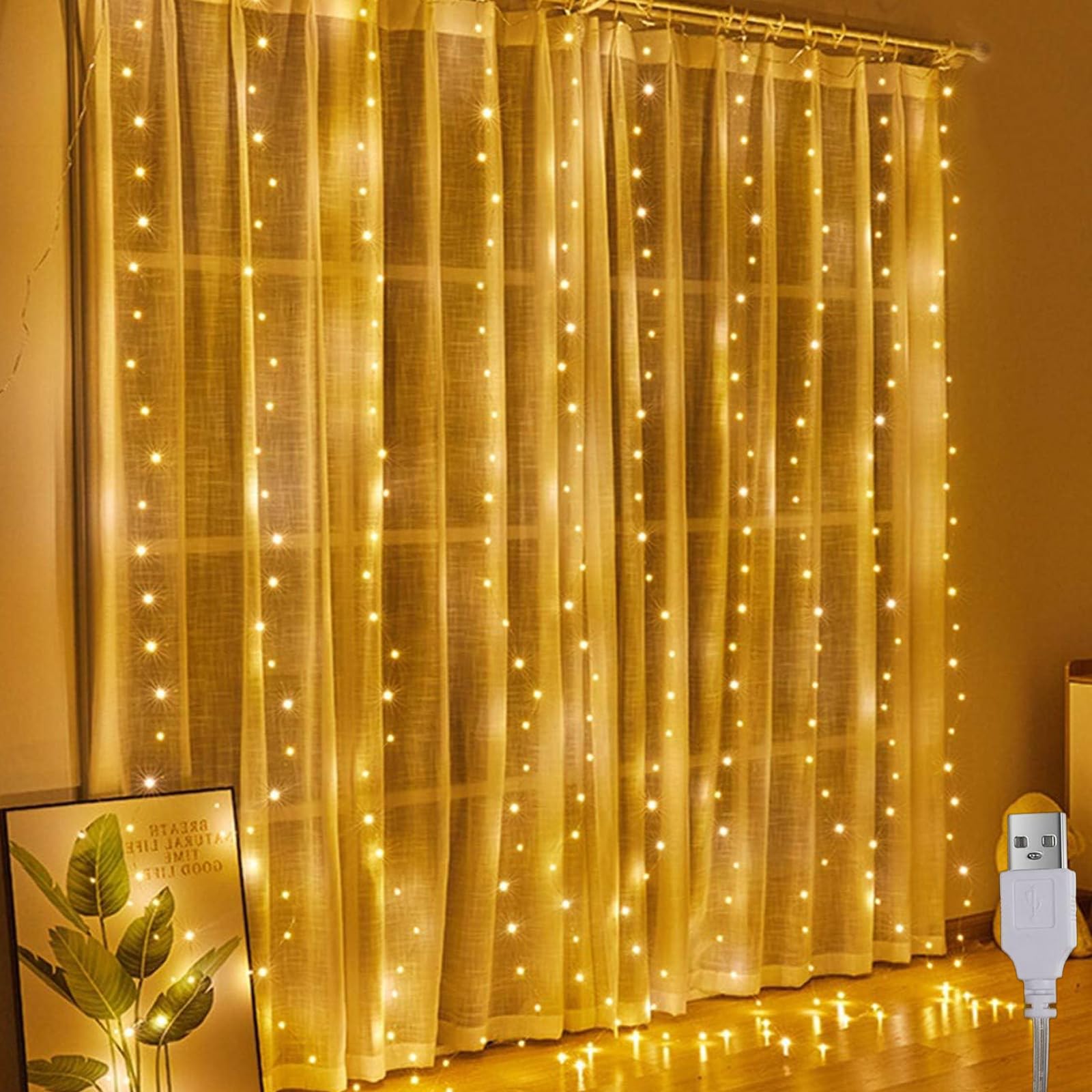 Tenda Luminosa 2 x 2 m, 200 LED USB per Interni, Bianco Caldo - Decorazione Parete Camera da Letto, Festa di Nozze, Natale