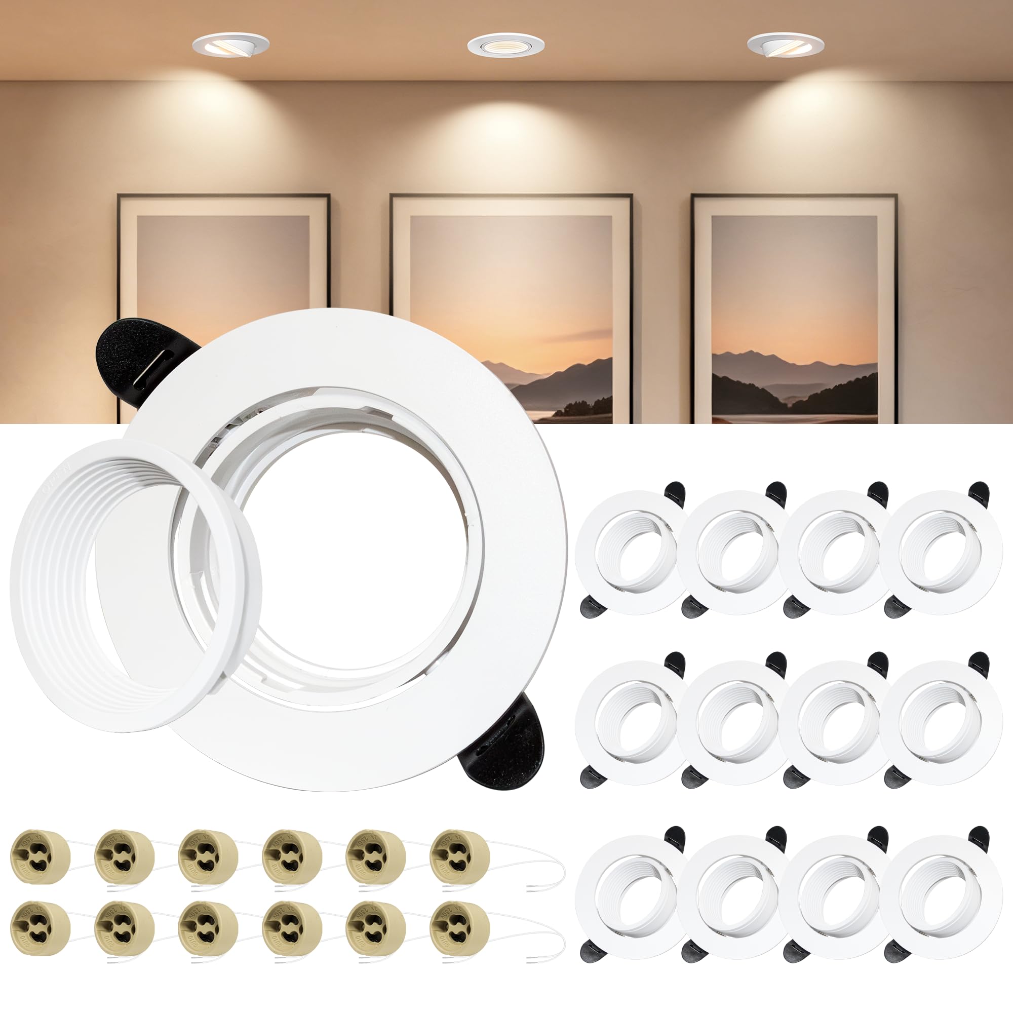 Laiebri Set da 12 Cornice per Faretti da Incasso GU10 Orientabile 45°, Supporto Faretto Ø72-82mm con Portalampada GU10, Anti Abbagliamento, Frontale Rimovibile, Bianco Cornice Far…