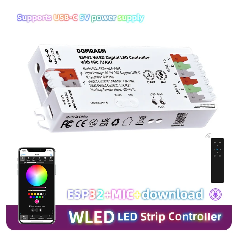 Controller LED ESP32 WLED Microfono incorporato Modalità dinamica fai-da-te UART Tipo-C Scarica Controllo app Alexa Voice RF 2.4G WLED Remote