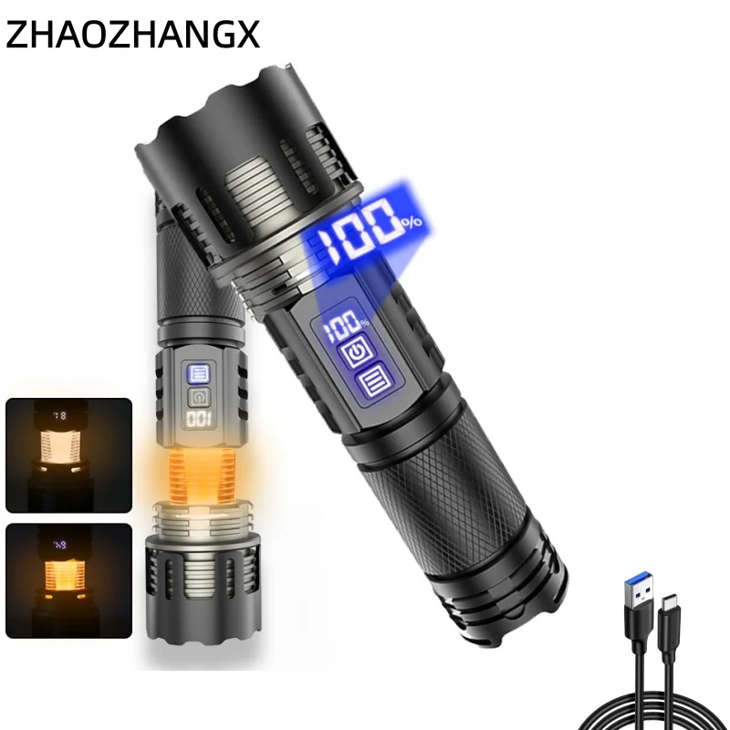ZHAOZHANGX Nuova Torcia LED 30W ad Alta Potenza a Lunga Gittata Multifunzione con Zoom Telescopico e Display Digitale del Livello della Batteria
