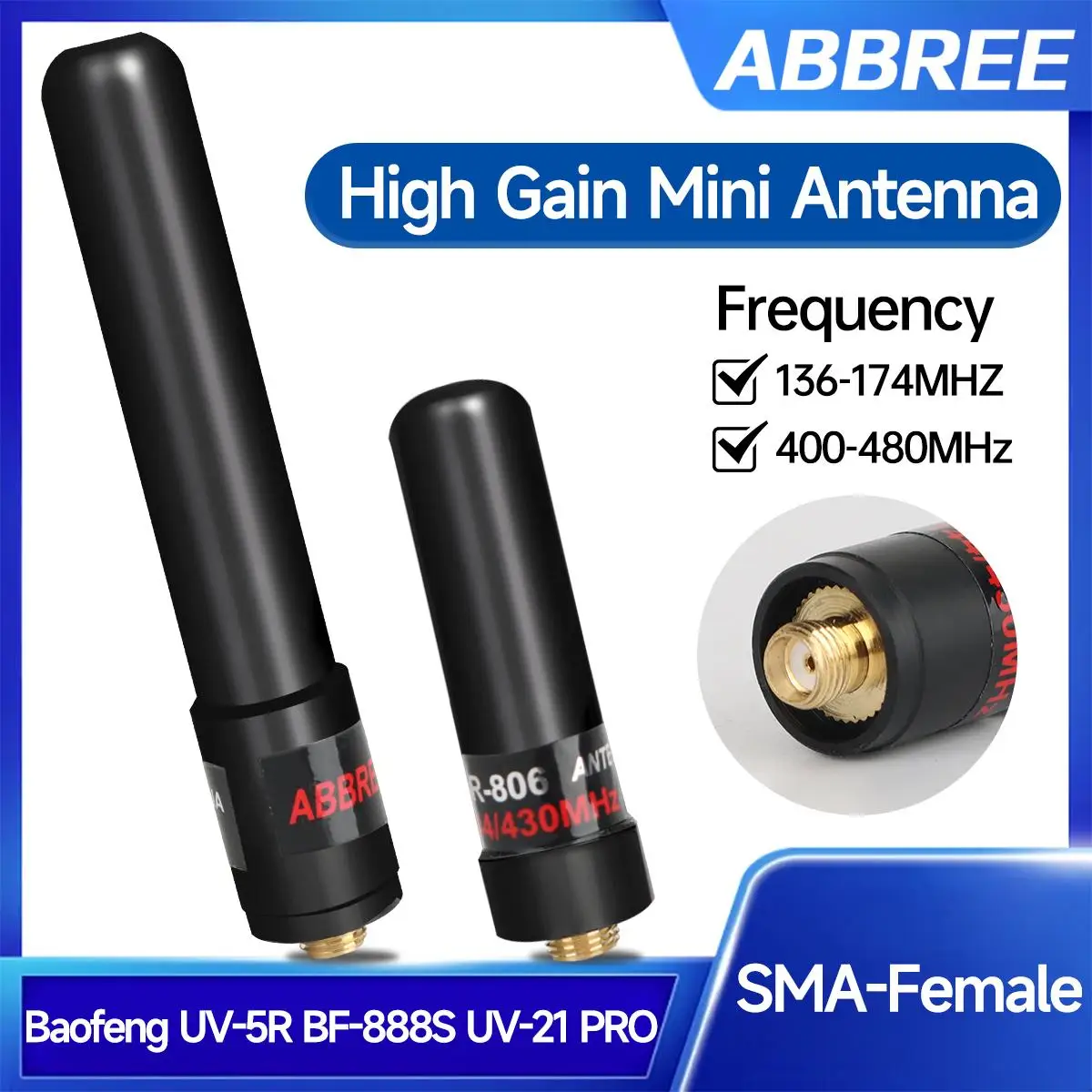ABBREE AR-806 + SMA-Femmina Mini Antenna VHF UHF Dual Band Ad Alto Guadagno Per Baofeng UV-21 PRO UV-5R Quansheng UV-K5 8 Traino Radio