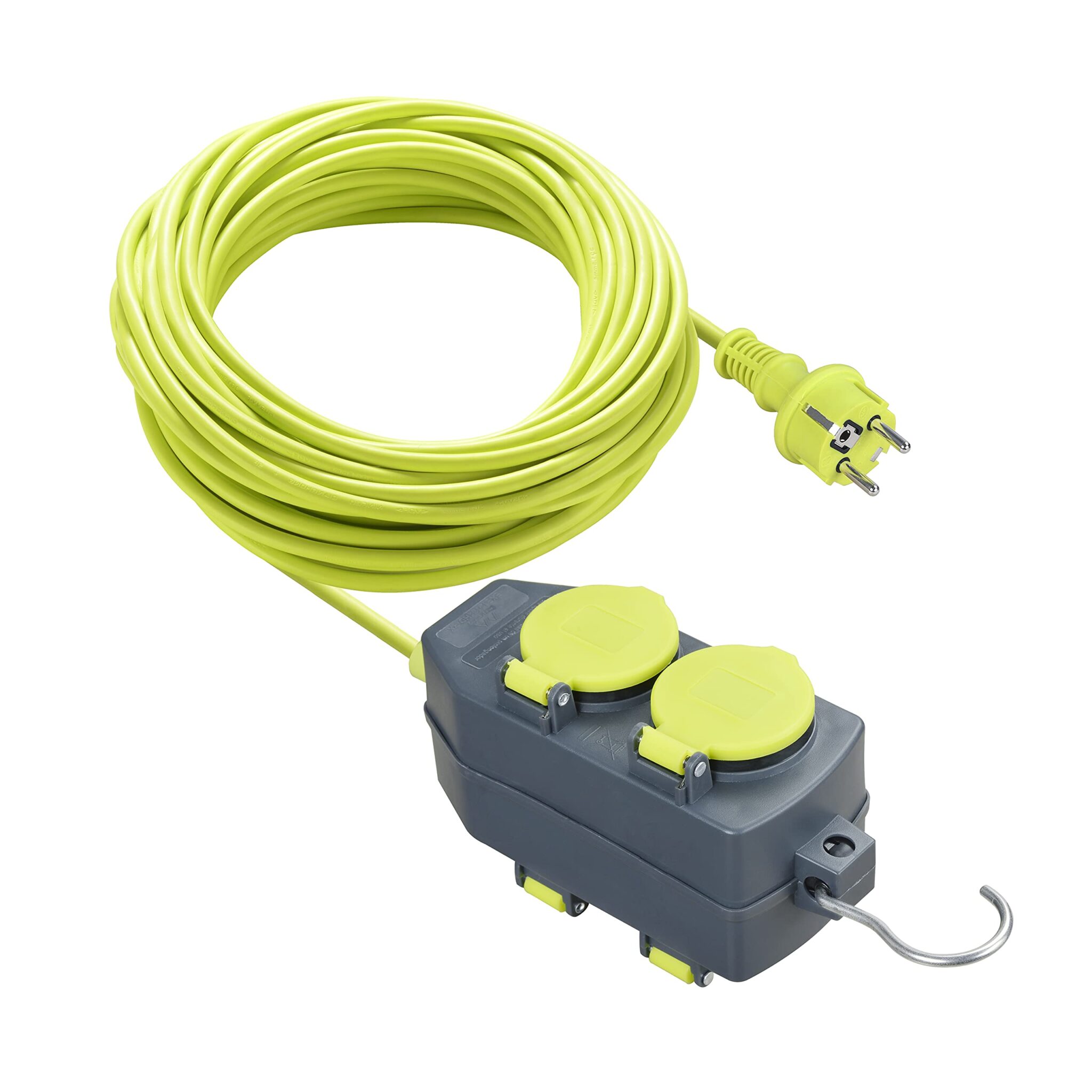 Masterplug Cavo prolunga con 2 prese 15 m, prolunga Schuko, estensione elettronica per esterno IP44, verde