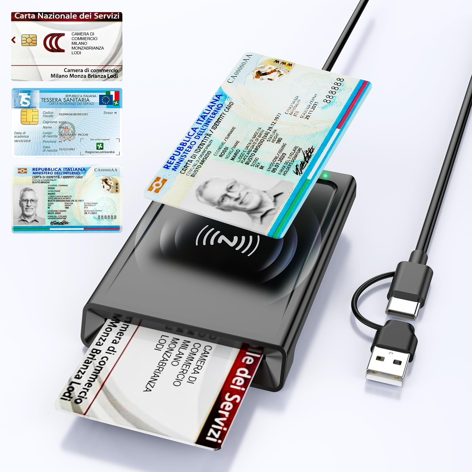 Lettore CIE 3.0 Carta d'Identità e Tessera Sanitaria,USB-A + USB-C Lettore Smart Card Firma Digitale,Lettore Carta Identita Elettronica Contatto e Contactless CIE/CRS/CNS Smart Ca…