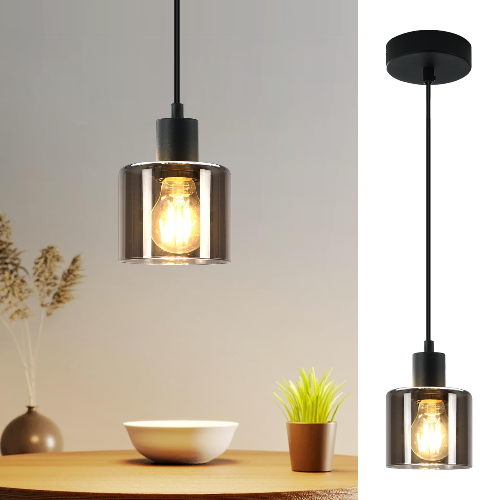 ZMH Lampada da tavolo a sospensione Vintage - Vetro retrò E27 1 fiamma nera | Lampada da tavolo industriale per soggiorno camera da letto sala da pranzo cucina hotel (senza lampad…