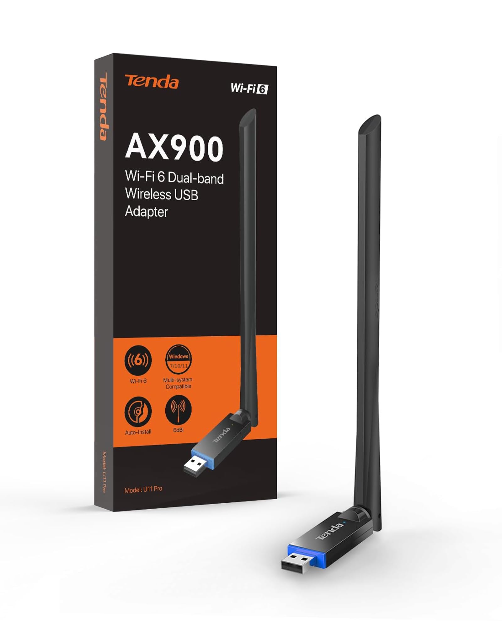 Tenda AX900 Adattatore USB Antenna WiFi 6dBi, Chiavetta WiFi per PC Dual Band 5/2.4 Ghz, Soft-AP, MU-MIMO, WPA2, Windows 7/10/11, U11 Pro