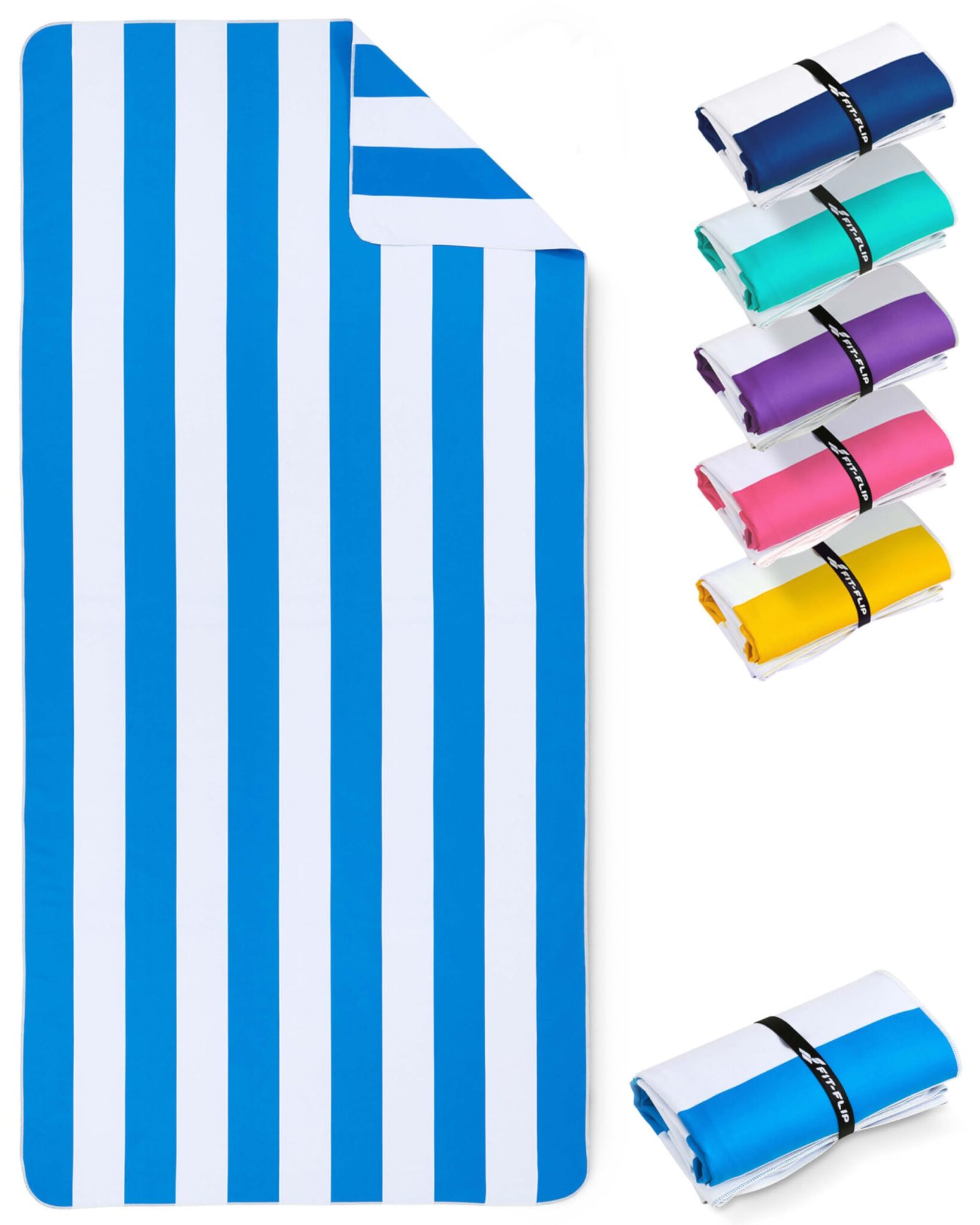 Fit-Flip Telo Mare microfibra, leggero, fine e ad asciugatura rapida | rigato azzurro-bianco 200cmx90cm, asciugamano microfibra grande, teli antisabbia da spiaggia, 100% riciclato