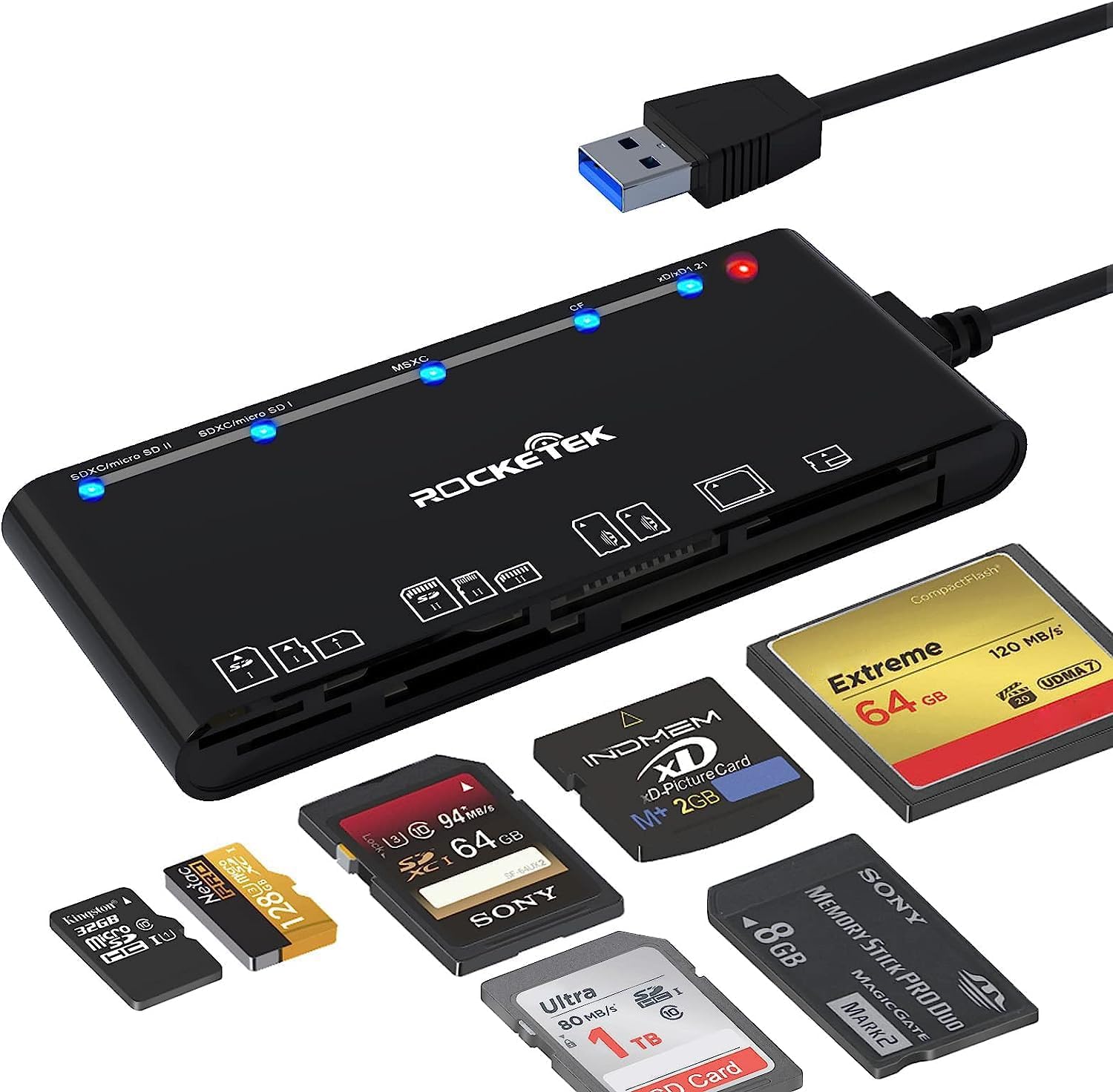 Lettore di Schede USB 3.0 di Memoria 7 in 1 SD/TF/CF/MS/XD/Micro SD Card Solt Lettore di Schede di Memoria con USB3.0 (5 Gbps) Super Speed, Tutto in Uno per Windows/Linux/Vista/Ma…
