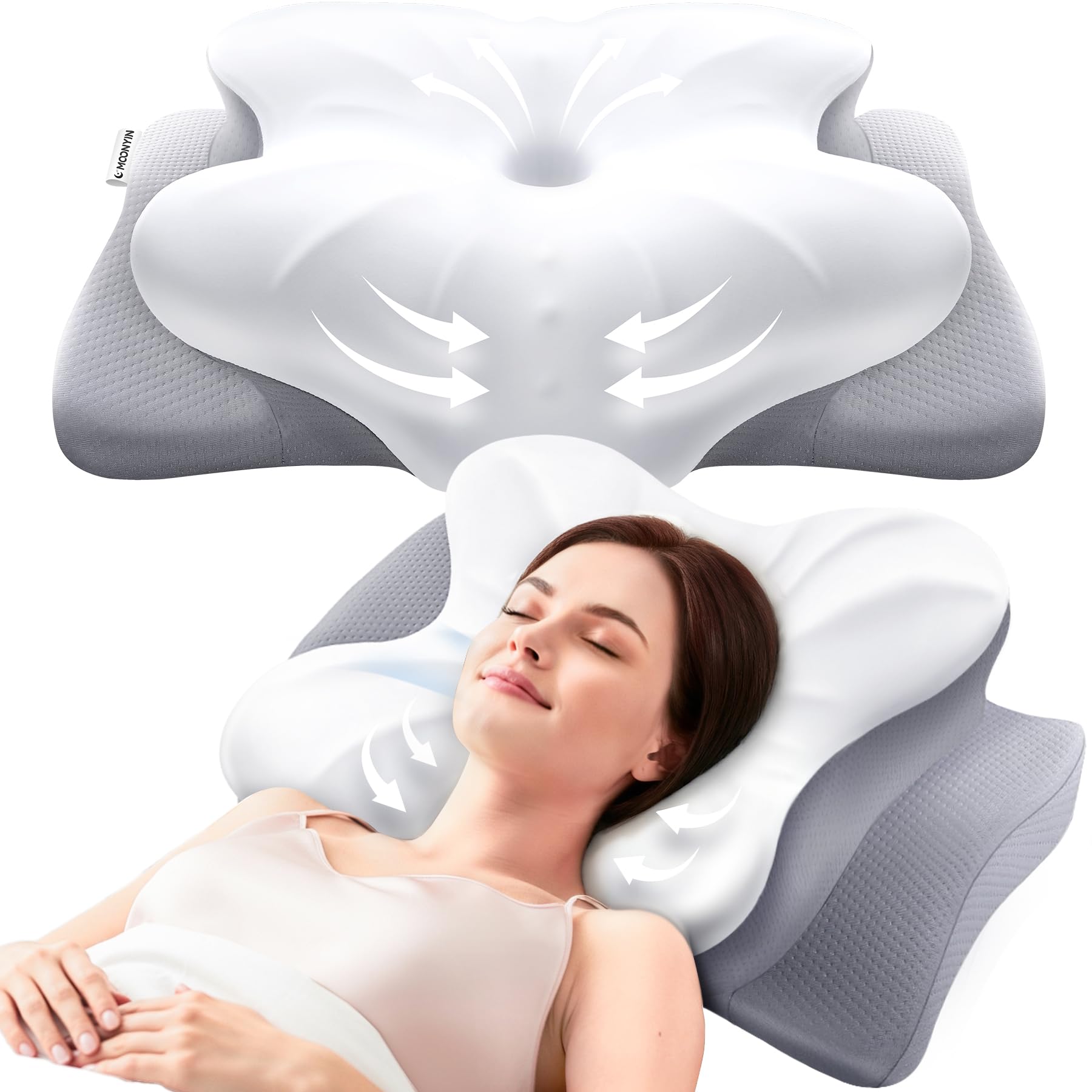 MOONYIN Cuscino Ergonomico per Cervicale – Memory Foam Alta Qualità | Cuscino Ergonomico per Cervicale, Sostegno per Tutte le Posizioni, Copertura in Tessuto Rinfrescante e Lavabi…