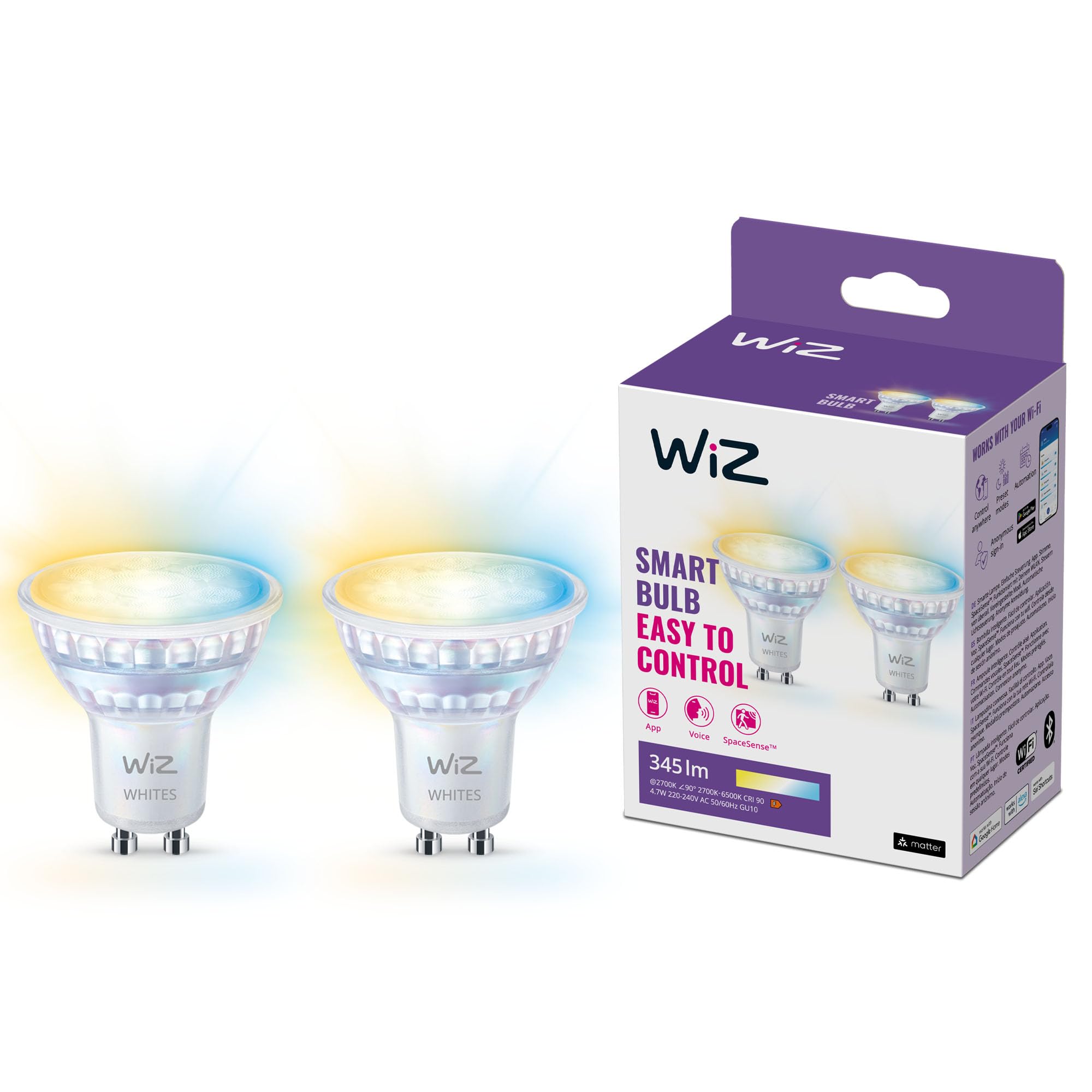 WiZ GU10 Smart LED Glass Bulb - Sostituzione GU10 da 50W, sfumature di bianco, Wi-Fi/Bluetooth, controllo vocale/App, funziona con Google Home, Alexa e HomeKit, 2 lampadine